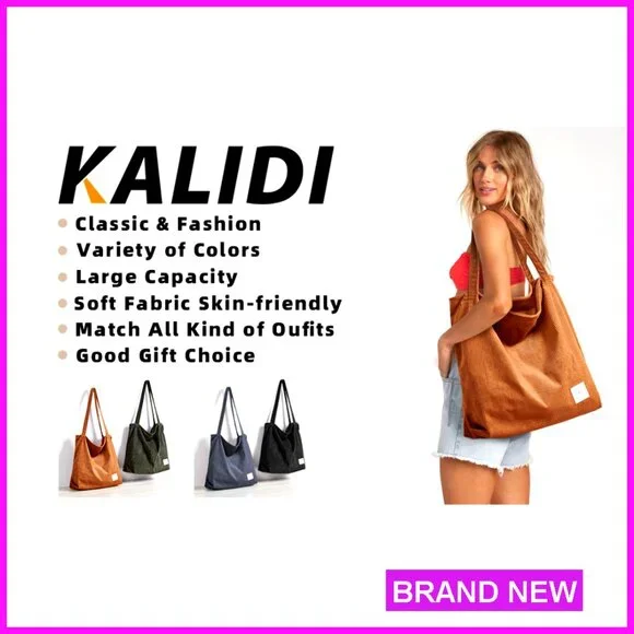 Corduroy Tote Bag Zipper Casual Large Capacity Shoulder Bag with Pockets - Picture 7 of 7